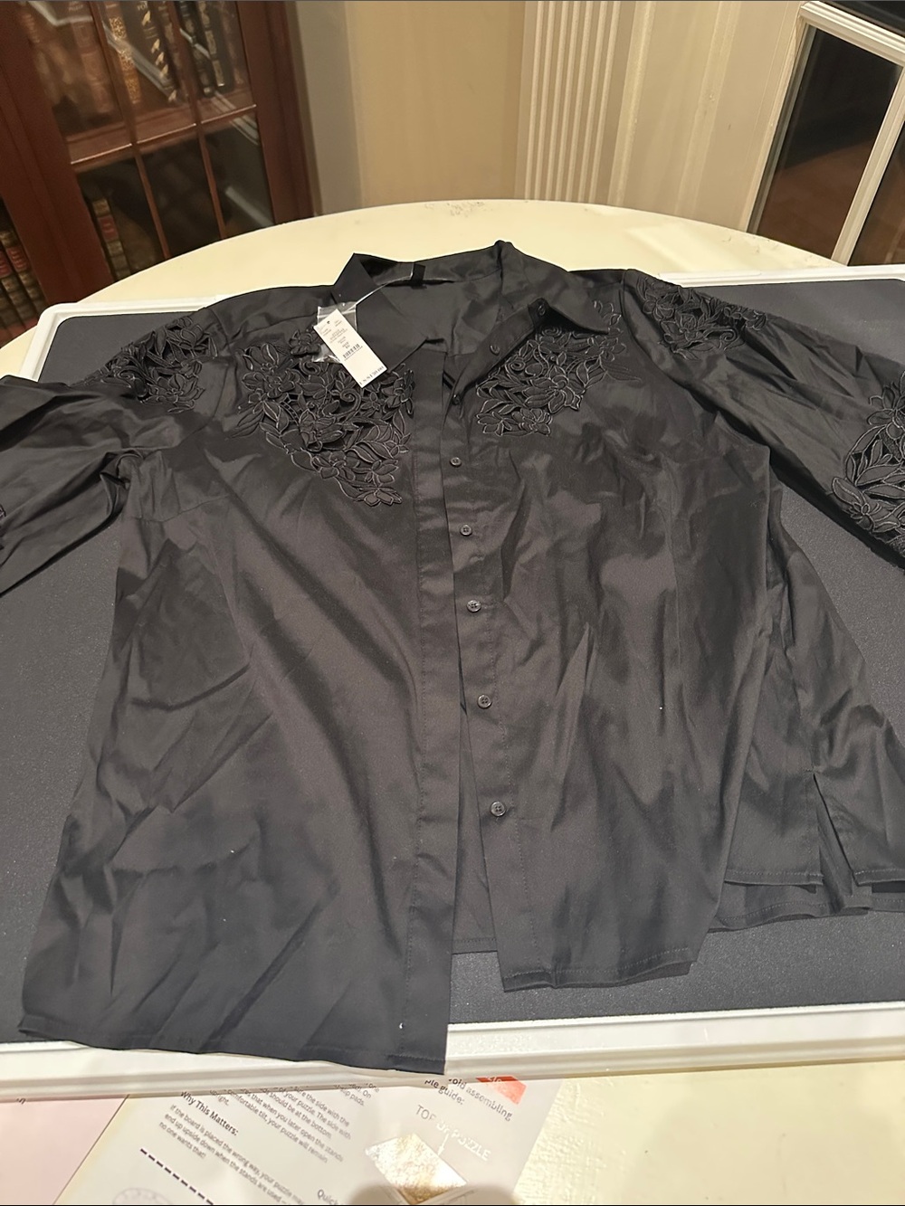 White House Black Market Black Embroidered Button-Up Shirt
